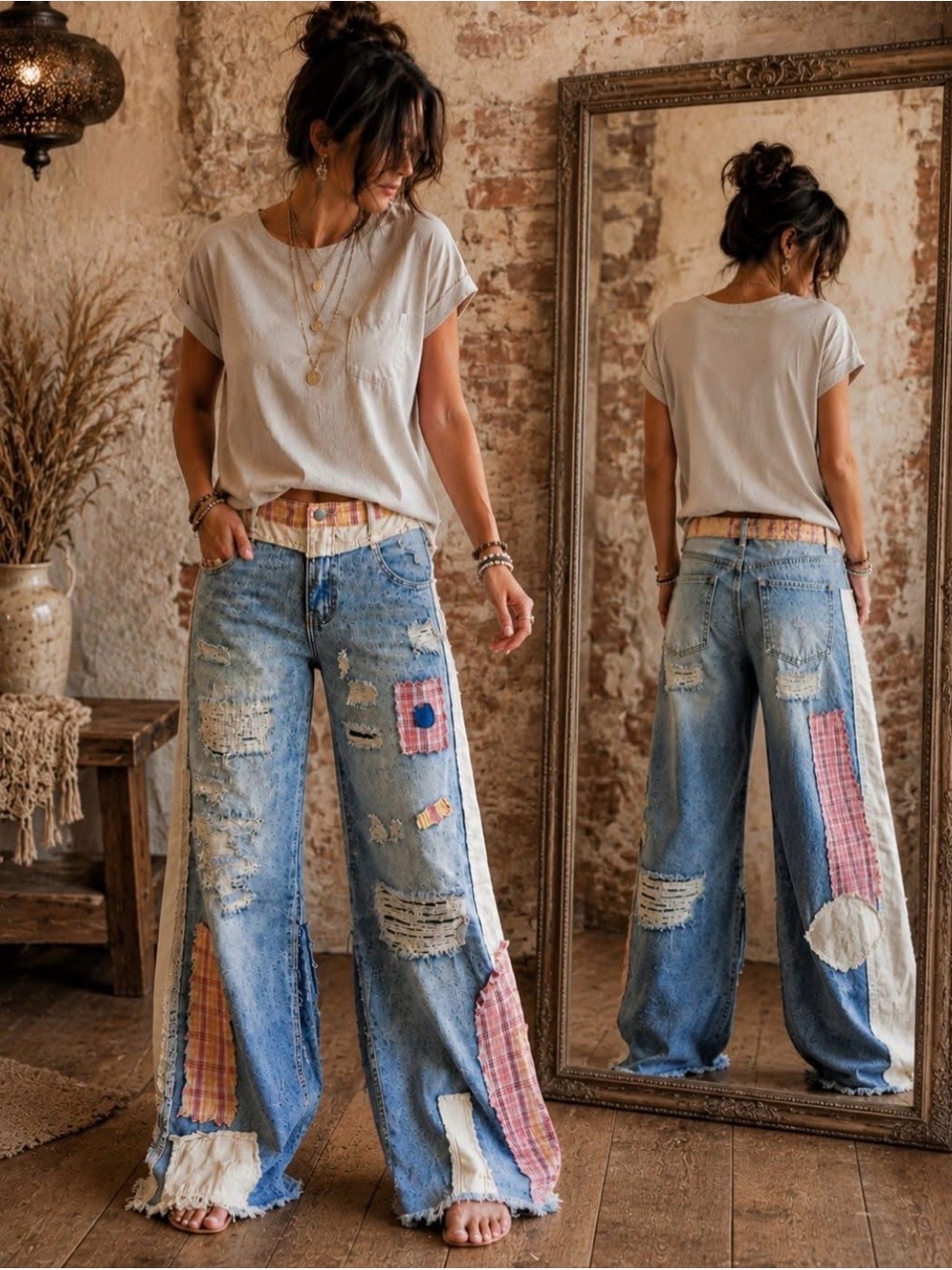 Oli and Hali Boho Patchwork Wide-Leg Women’s Jeans - Light Blue